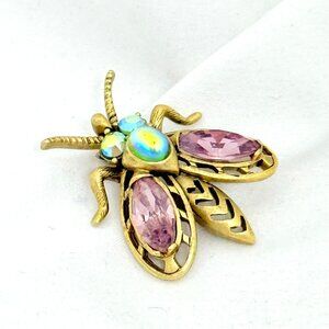 Vintage Gold-Tone Bee/Bug Brooch With Iridescent Cabochon/Rhinestones/Crystals